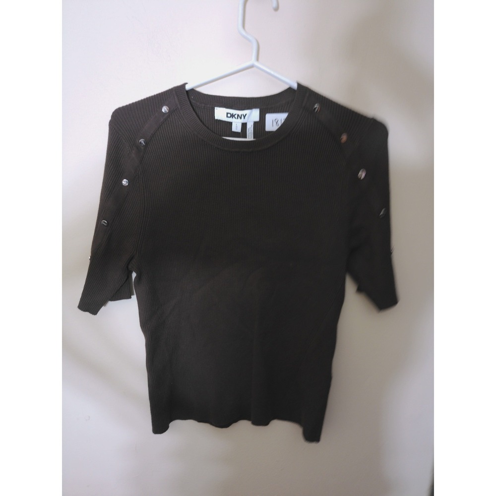 DKNY Ribbed Short Sleeve Sweater Womens L Brown Button Shoulder Fashion Knit